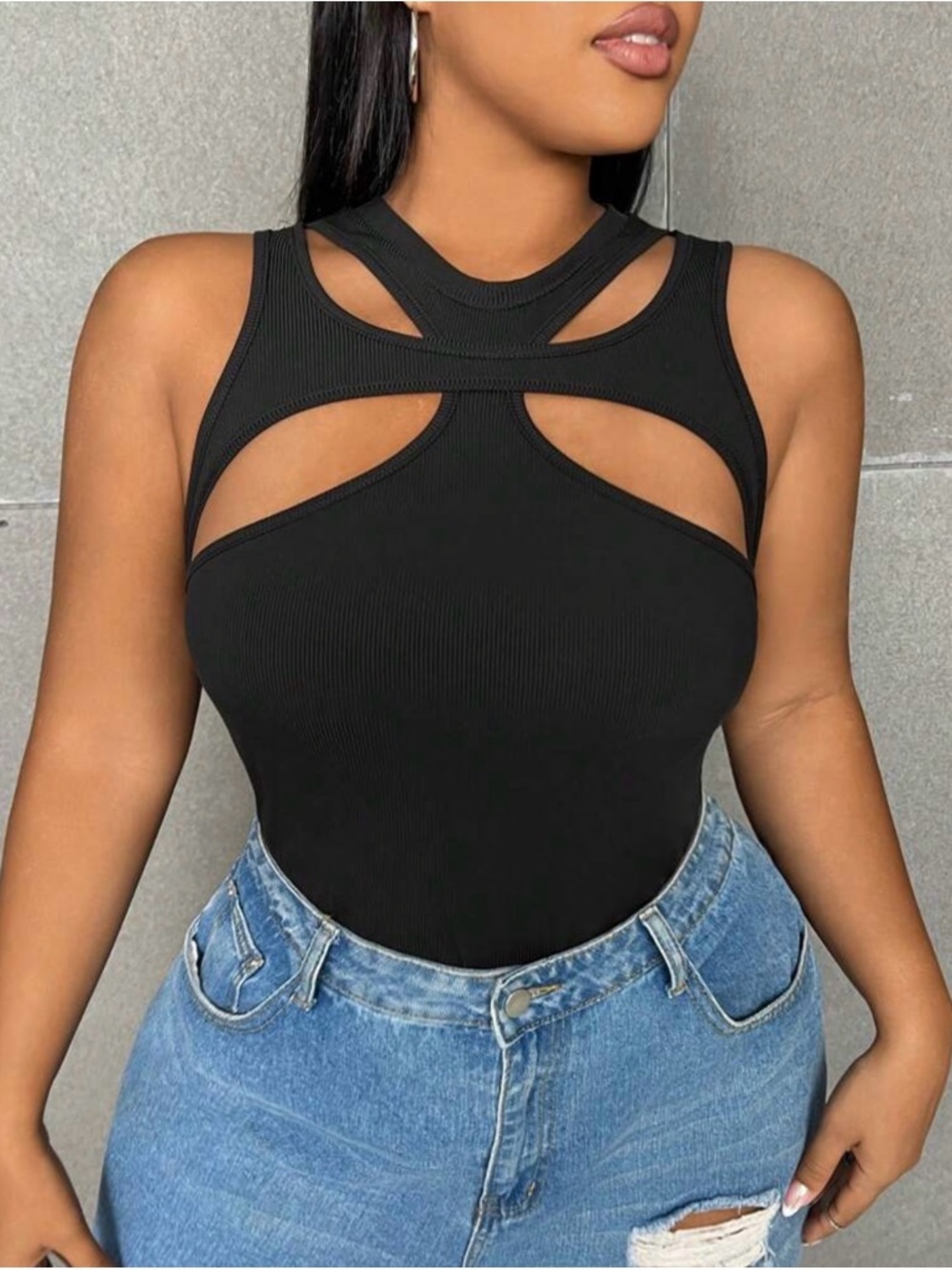 Black Cutout Tank Top | Ribbed | Size 0XL (12–14)